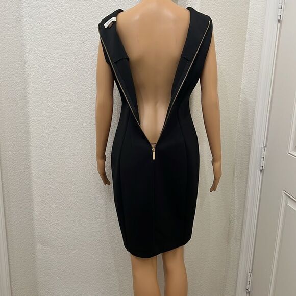 Calvin Klein Black Gold Zipper Sleeveless Sheath Midi Dress Scoop Neck Slimming - Picture 8 of 11